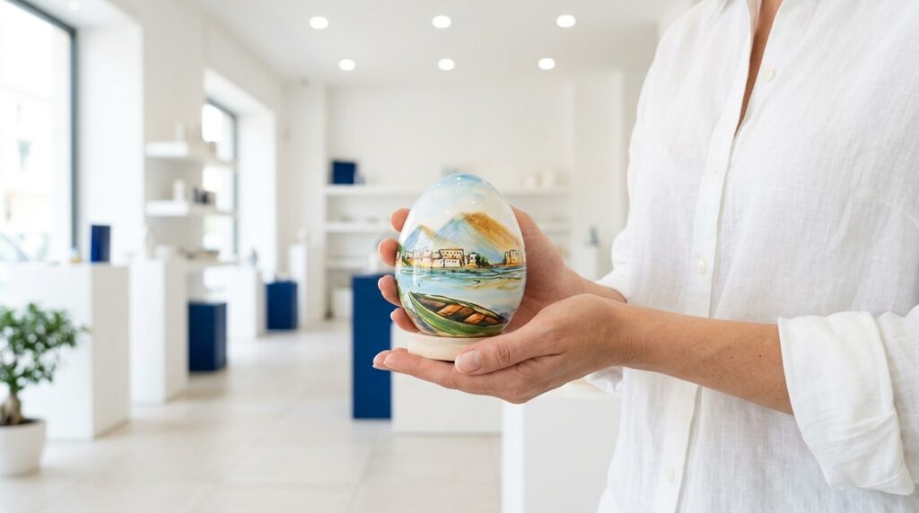 Uovo in ceramica dipinto a mano con paesaggio marino tenuto in mano