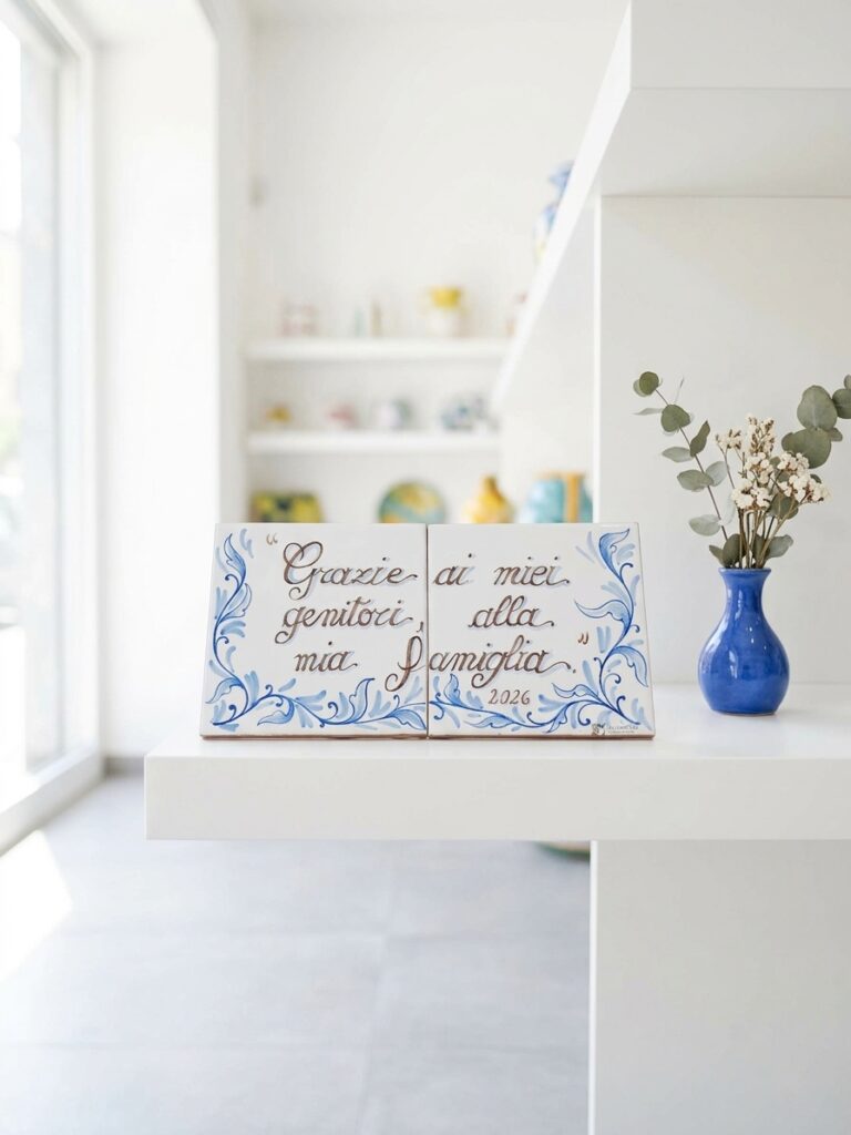 Piastrelle in ceramica con dedica alla famiglia esposte su mensola bianca