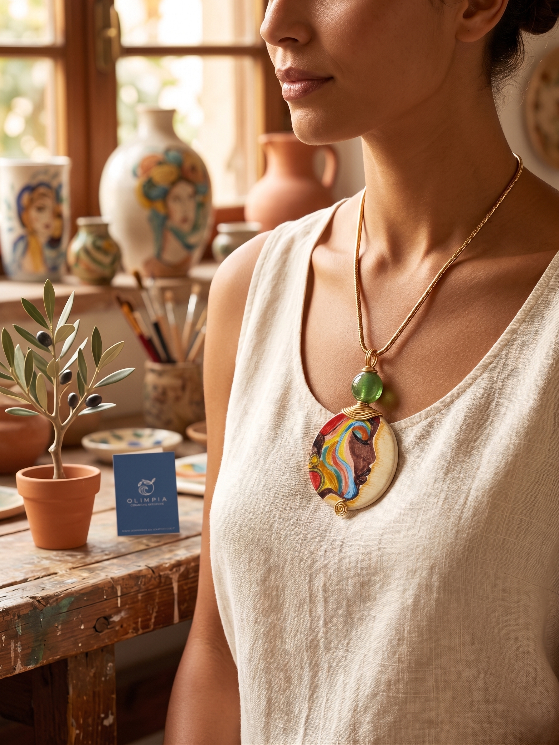 Collana con Ciondolo in Ceramica Dipinto a Mano Volto