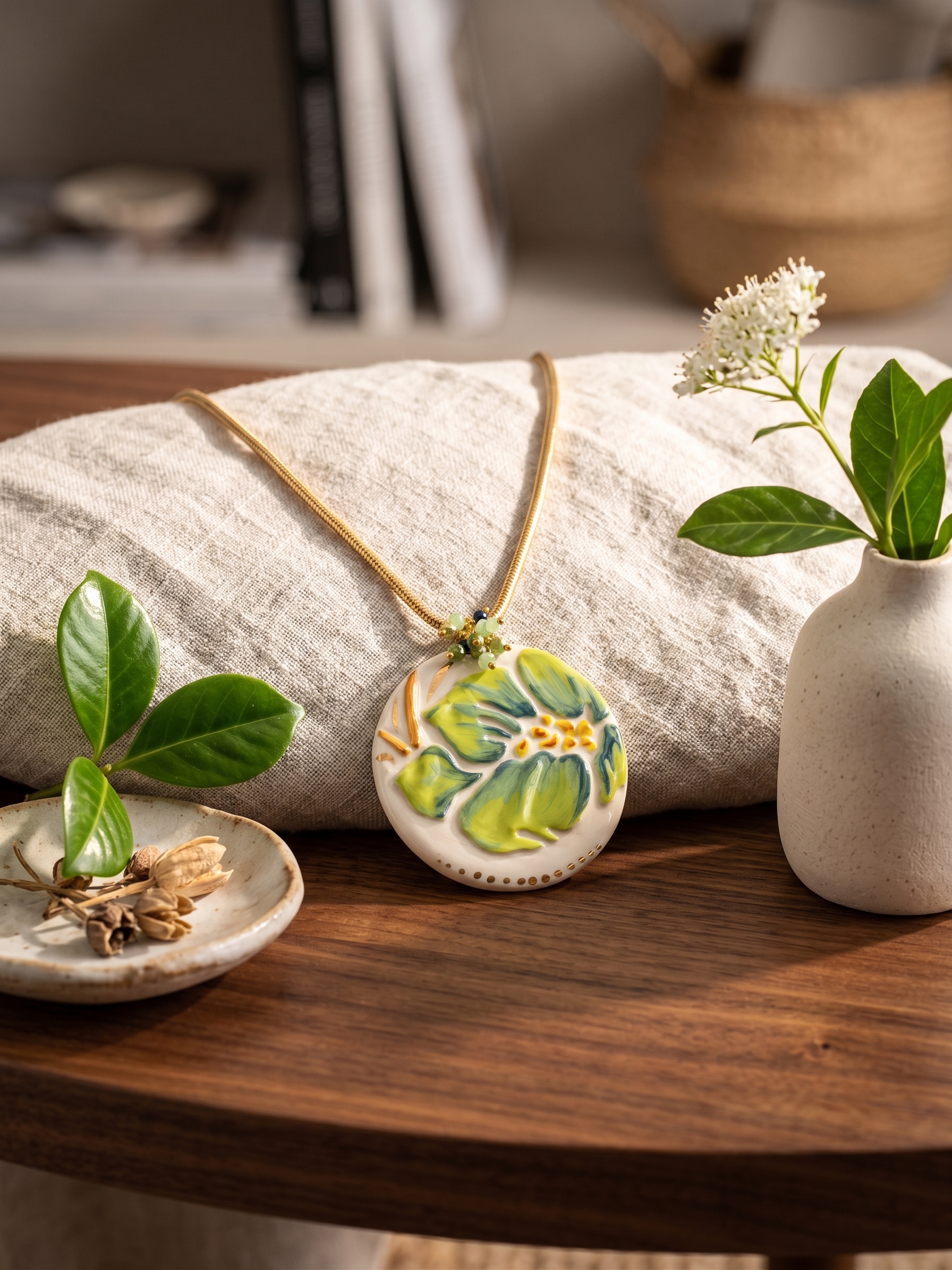 Collana con Ciondolo in Ceramica Foglie Verdi e Oro