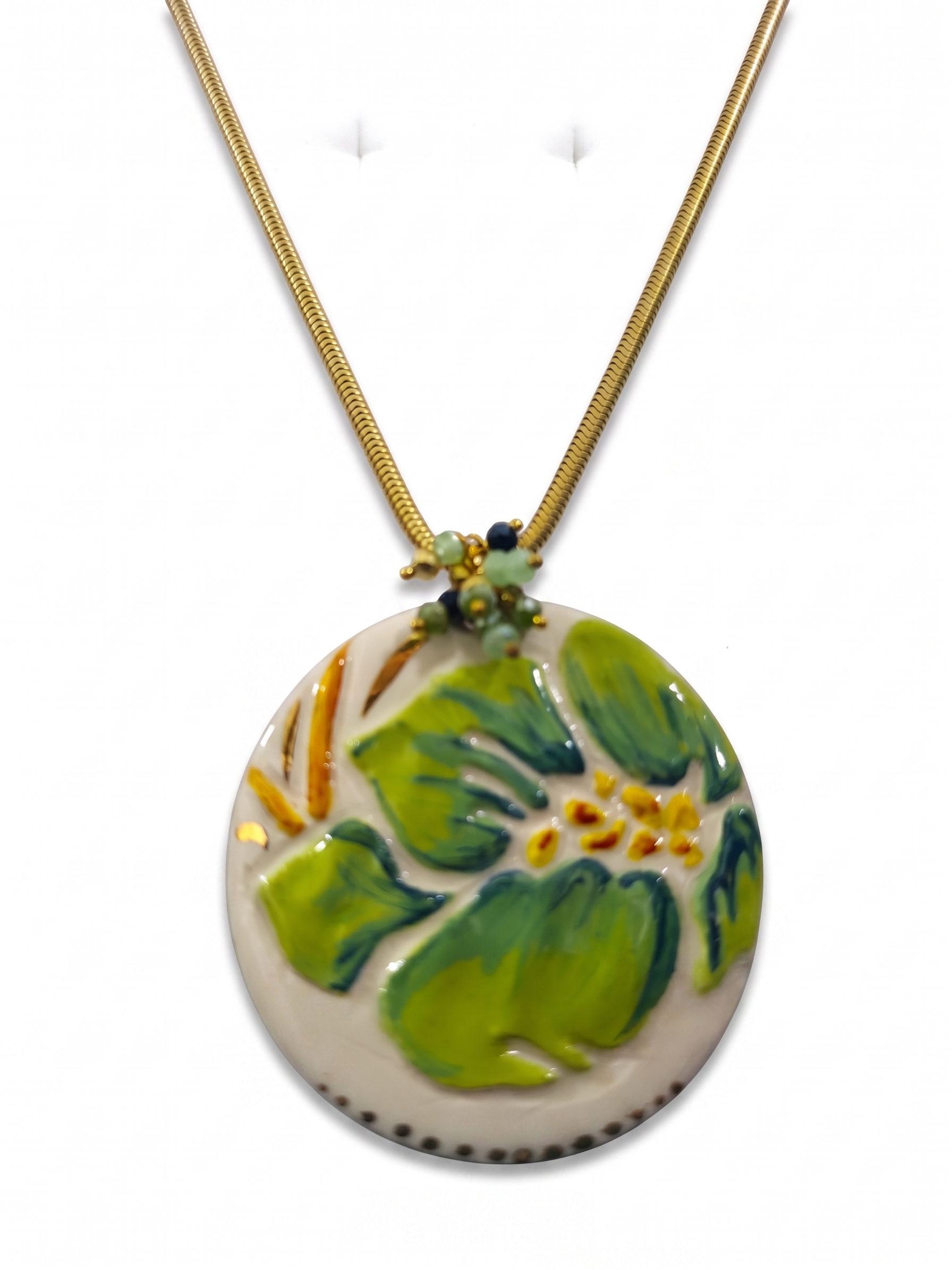 Collana con Ciondolo in Ceramica Foglie Verdi e Oro