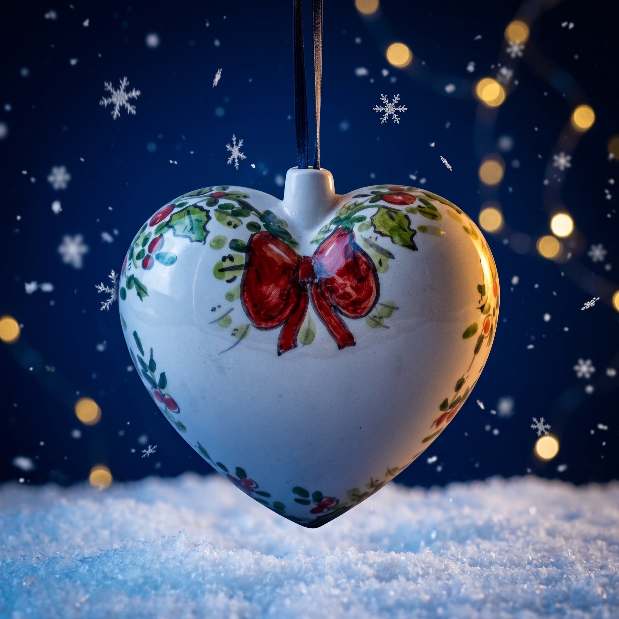 Ceramic Christmas heart with red bow and holly Cuore natalizio in ceramica con fiocco rosso e agrifoglio