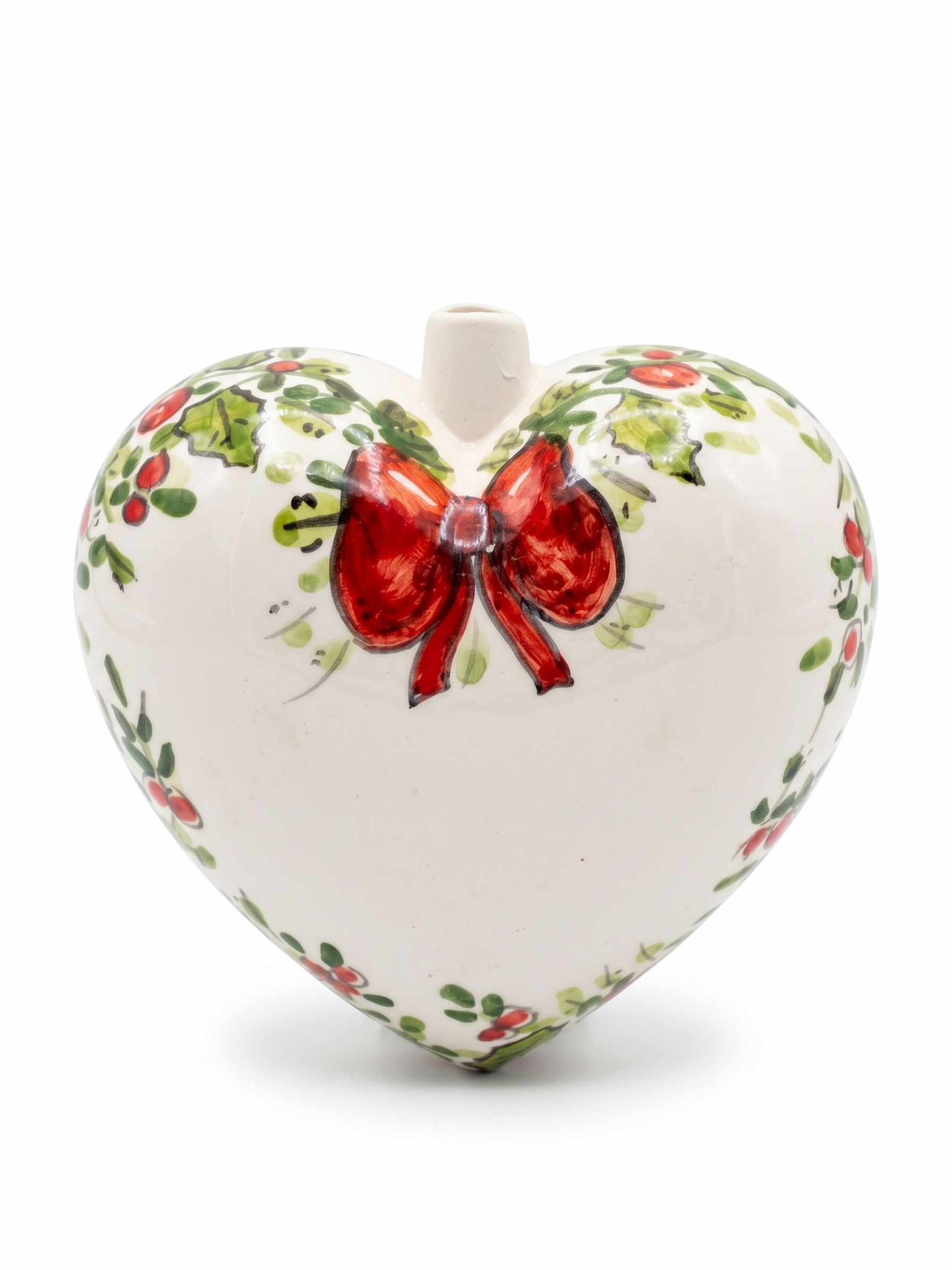 Cuore natalizio in ceramica con fiocco rosso e agrifoglio