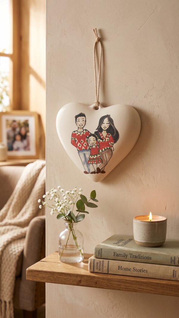 Cuore in ceramica con ritratto di famiglia