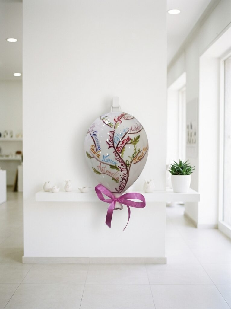 Palloncino in ceramica bianca decorato a mano appeso alla parete dello showroom