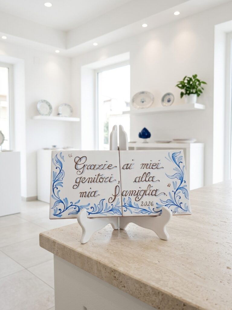 Coppia di piastrelle in ceramica decorate a mano esposte su un piano chiaro