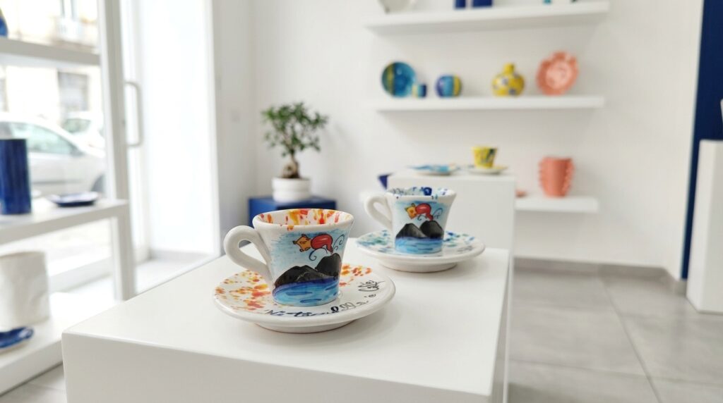 Set tazzine da caffè Vesuvio e corno in ceramica artigianale esposte nello showroom