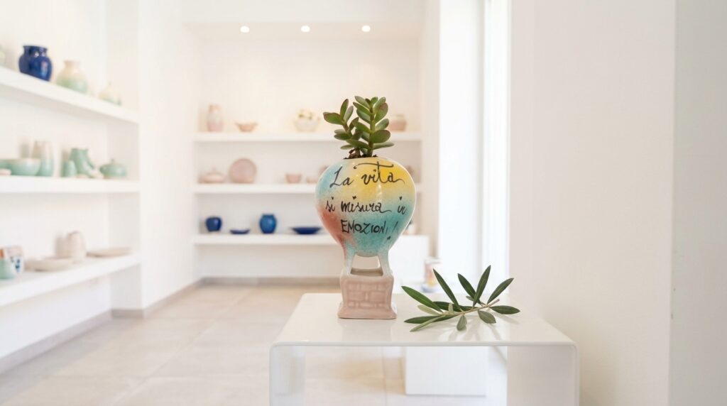 Mongolfiera in ceramica con frase motivazionale esposta nel luminoso showroom di Olimpia Ceramiche Artistiche