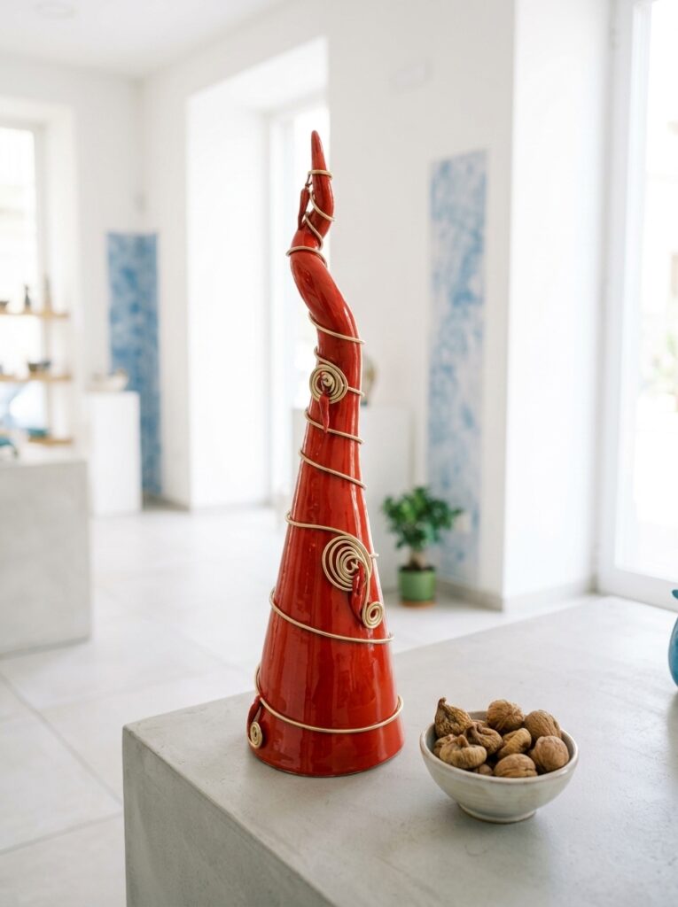 Corno vortice in rame artigianale poggiato su una superficie chiara nello showroom