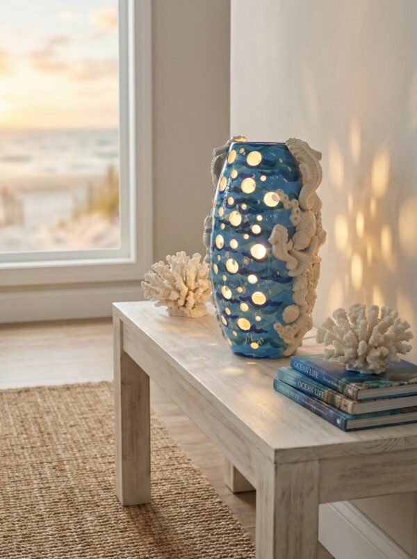 Lume in Ceramica Traforato con Cavallucci Marini Blu