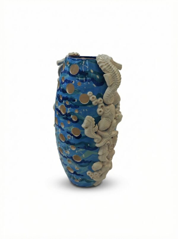 Lume in Ceramica Traforato con Cavallucci Marini Blu