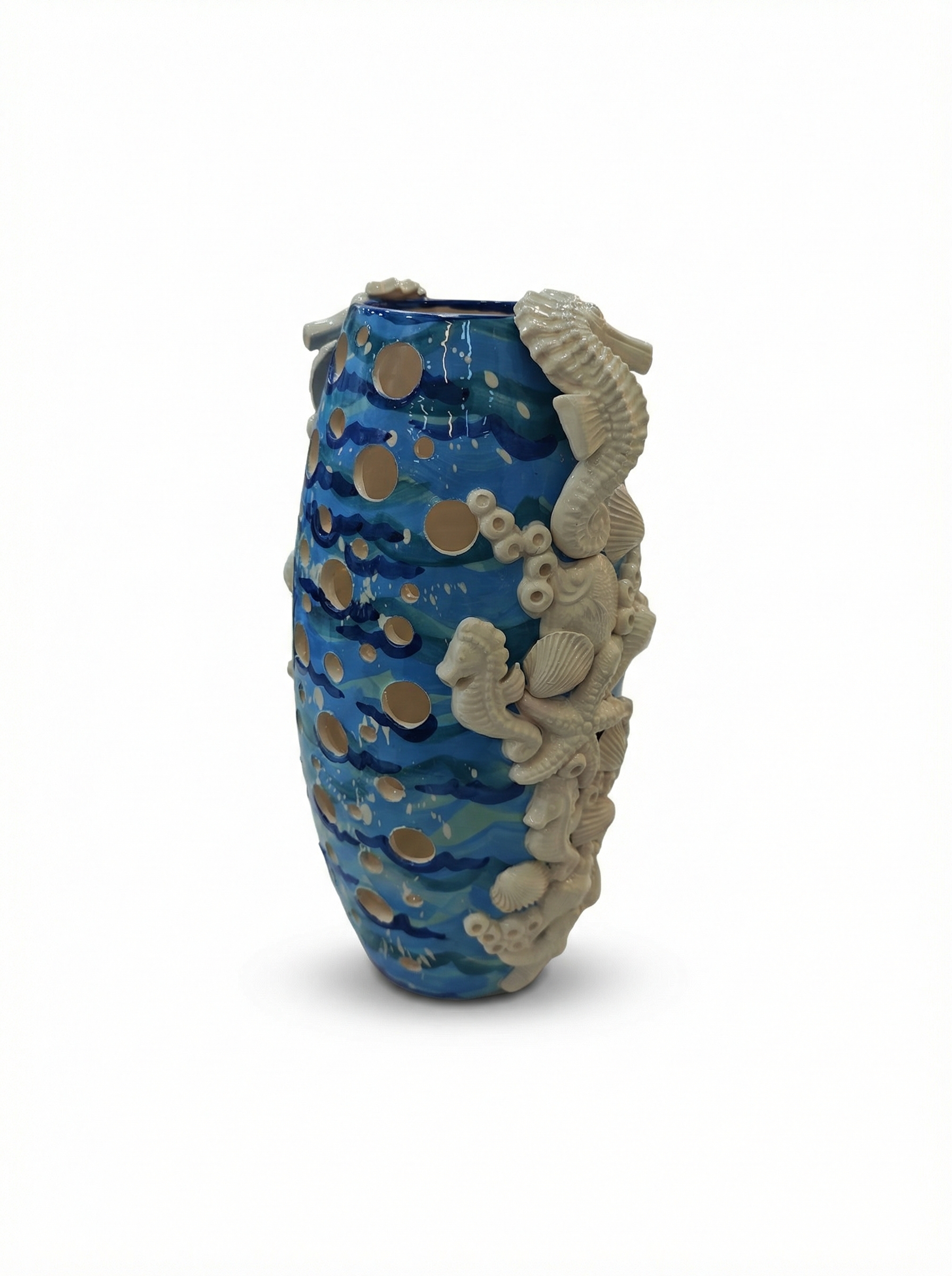 Lume in Ceramica Traforato con Cavallucci Marini Blu