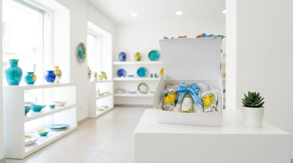 Set bomboniera limoncello e bicchierini con limoni in ceramica esposto nello showroom luminoso