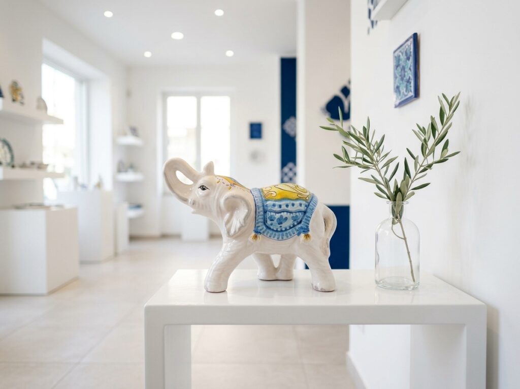 Elefante portafortuna in ceramica decorata blu e giallo su una consolle bianca