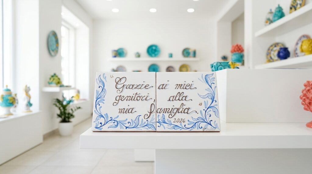 Piastrelle in ceramica con dedica alla famiglia esposte su una mensola bianca dello showroom