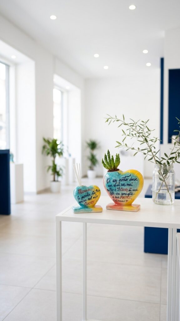 Set regalo cuore in ceramica con profumatore su un espositore dello showroom di Napoli