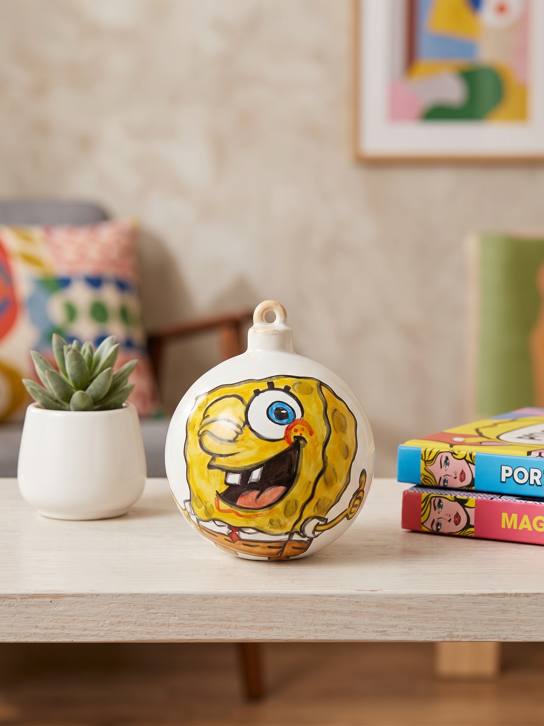 Palla Decorativa in Ceramica con Spugna Gialla Sorridente