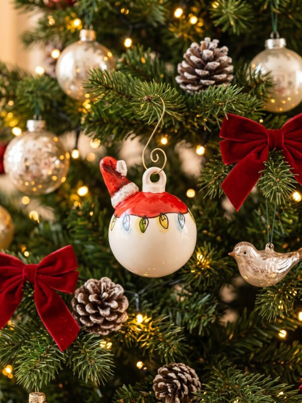 Palla di Natale in ceramica con cappello di Babbo Natale