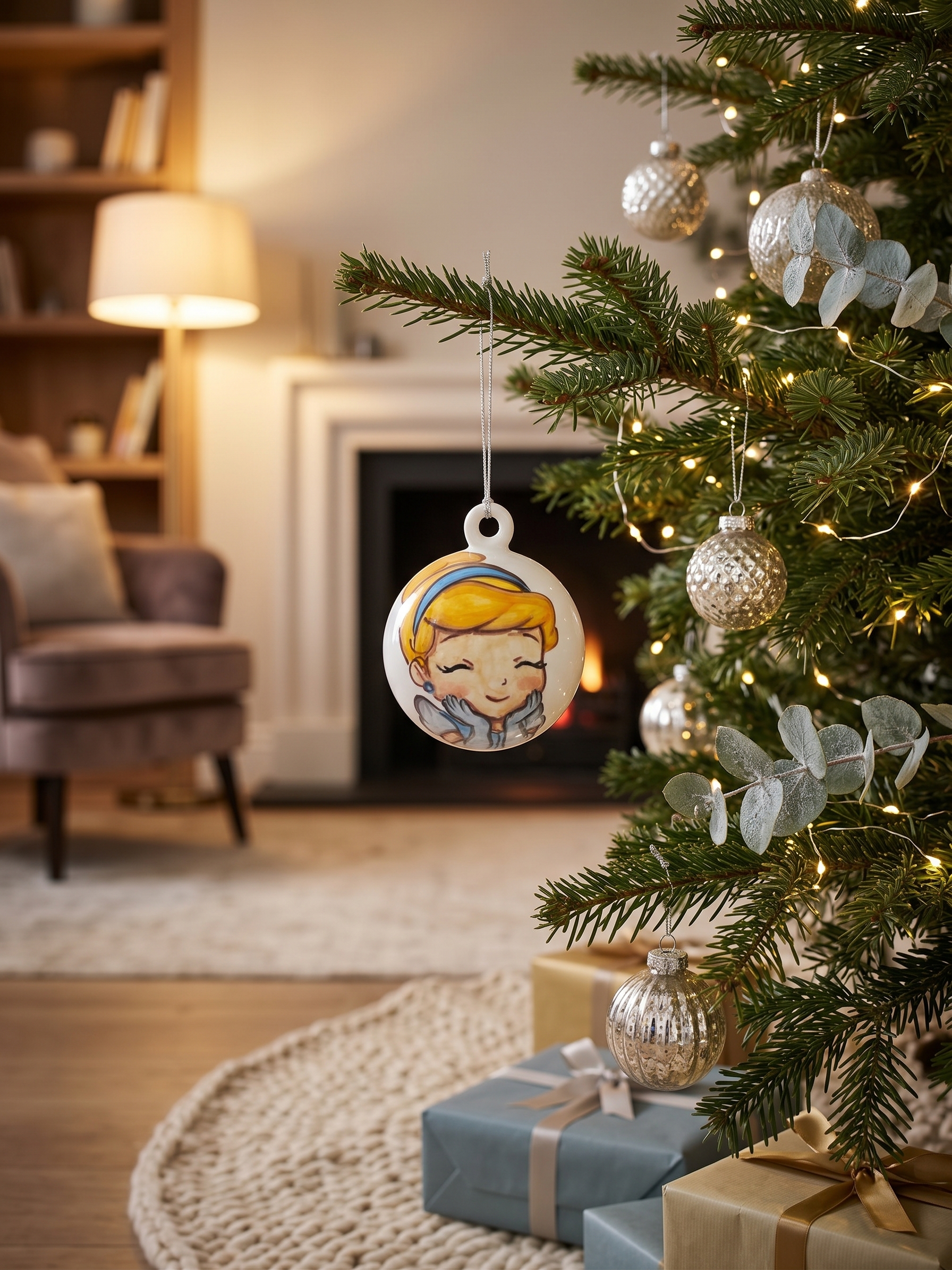 Palla di Natale in Ceramica con Principessa in Abito Azzurro