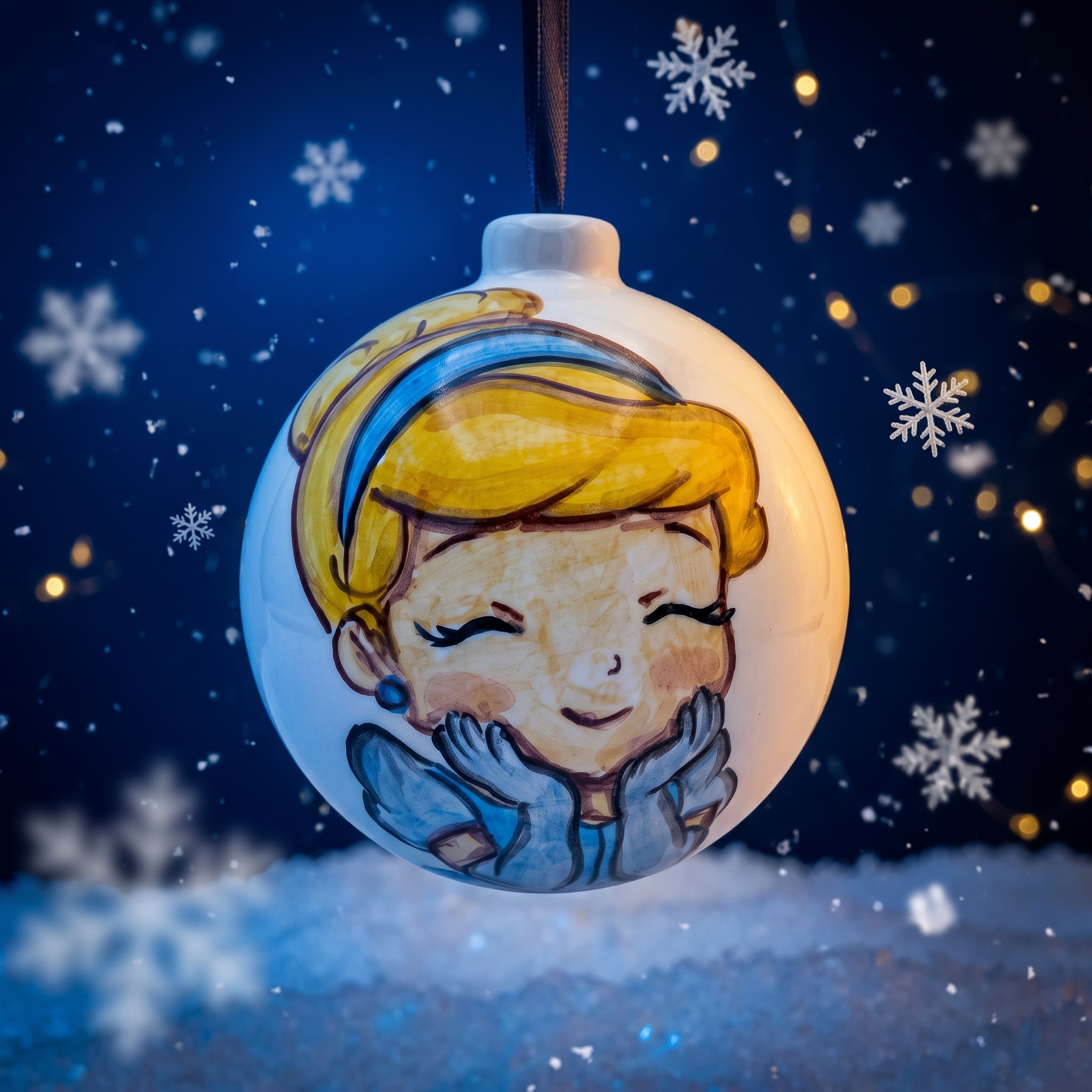 Palla di Natale in ceramica con Cenerentola Palla di Natale in Ceramica con Principessa in Abito Azzurro