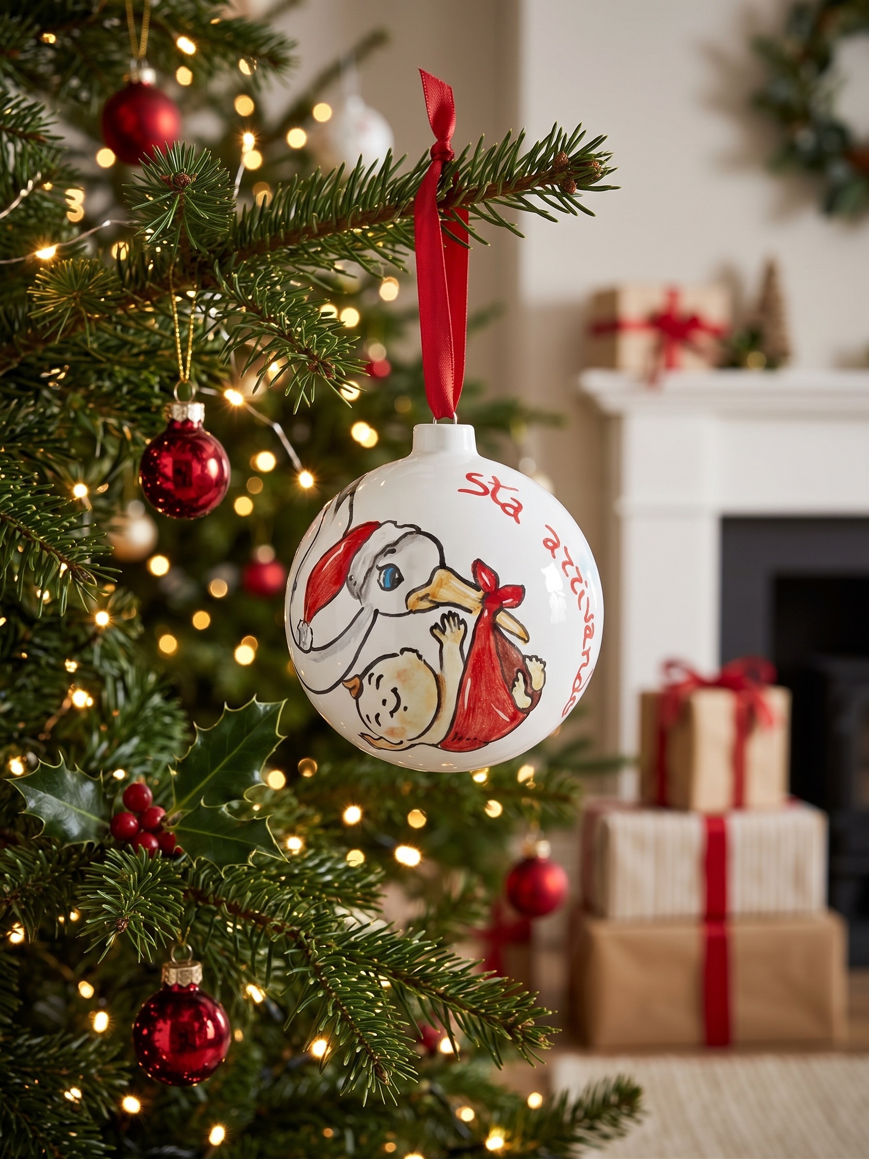Pallina di Natale in ceramica con cicogna