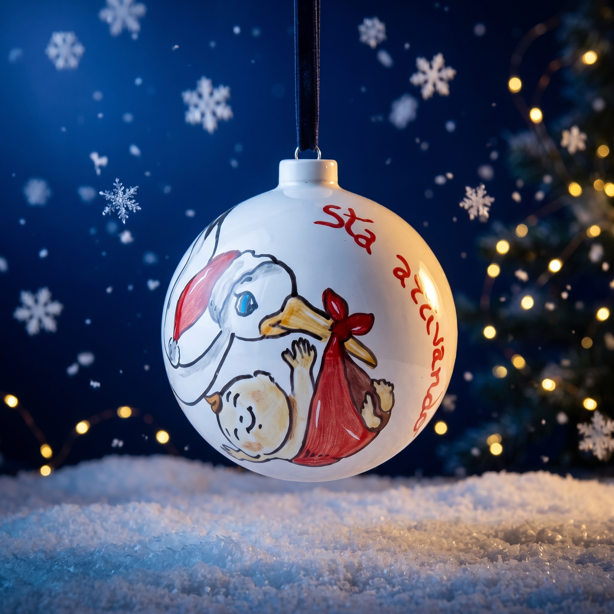 Palla di Natale in ceramica con cicogna Pallina di Natale in ceramica con cicogna