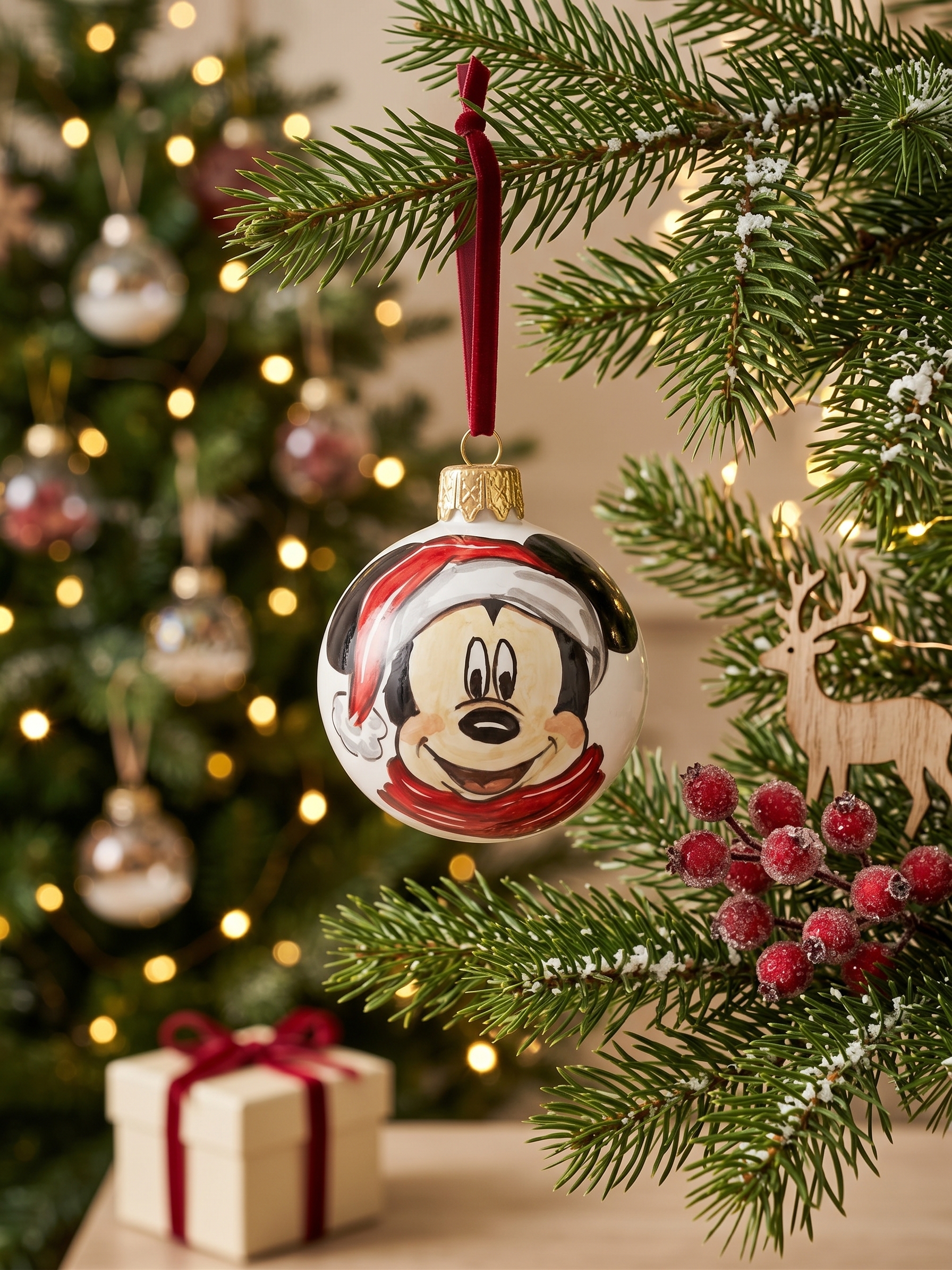 Pallina di Natale in Ceramica con Topo e Cappello Rosso