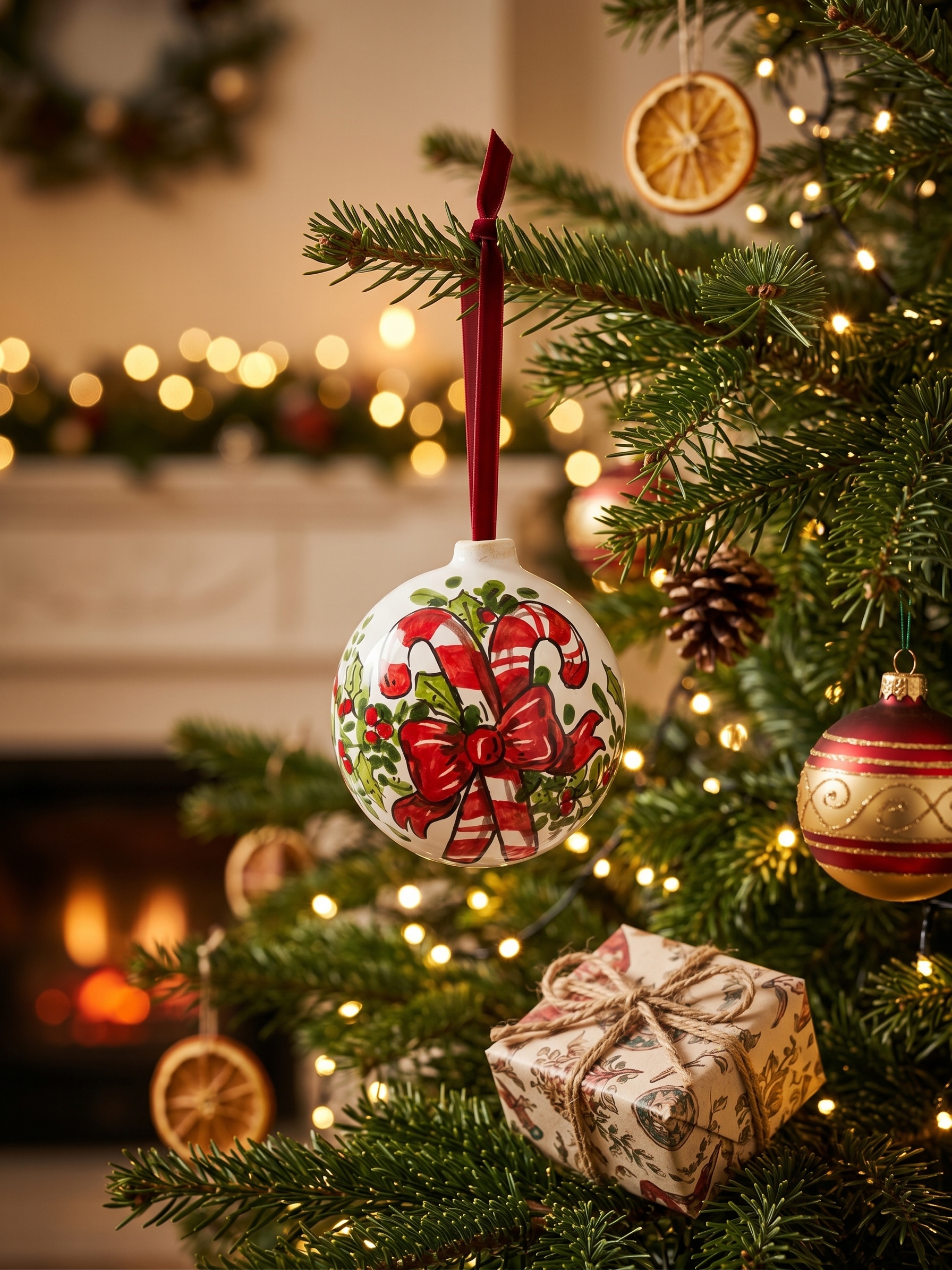 Pallina di Natale in ceramica con bastoncini di zucchero