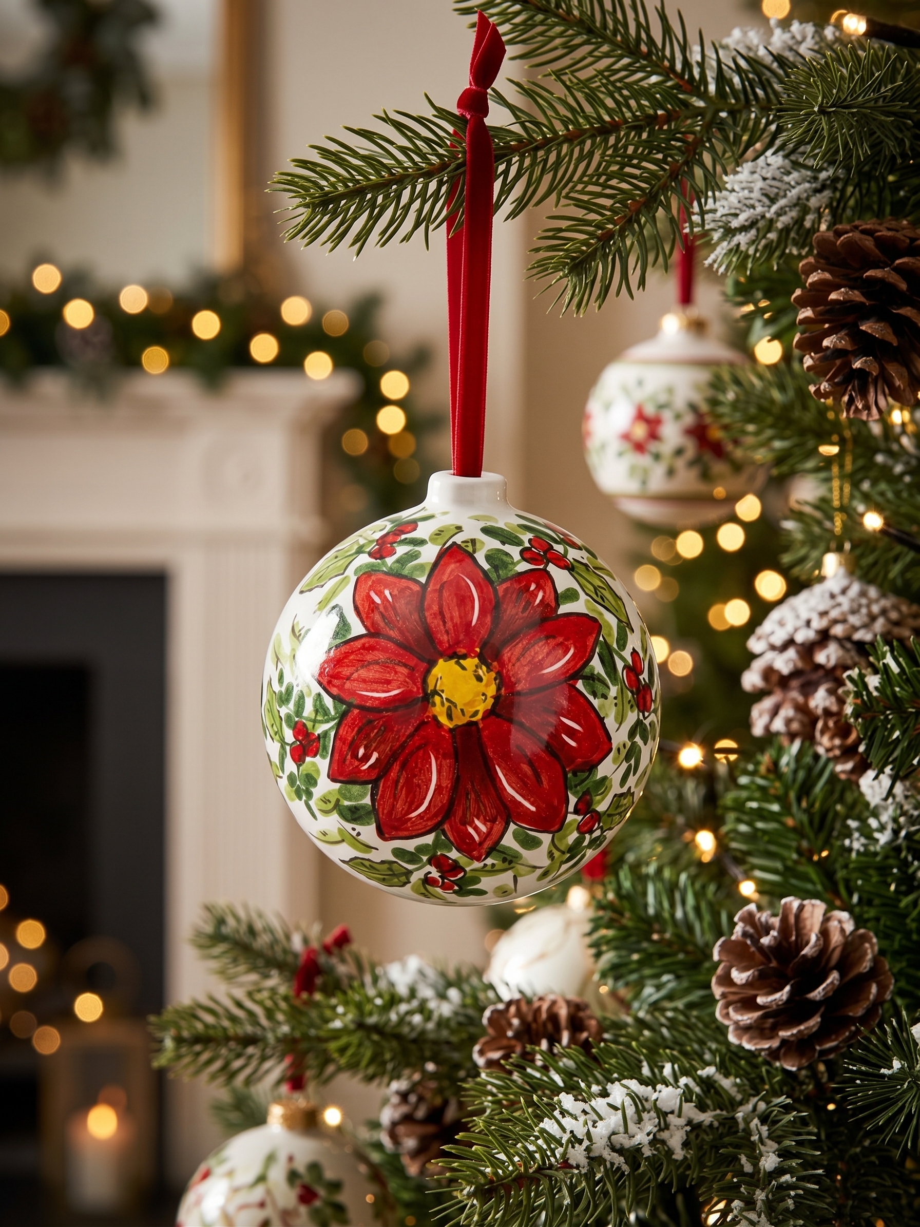 Pallina di Natale in ceramica con fiore rosso