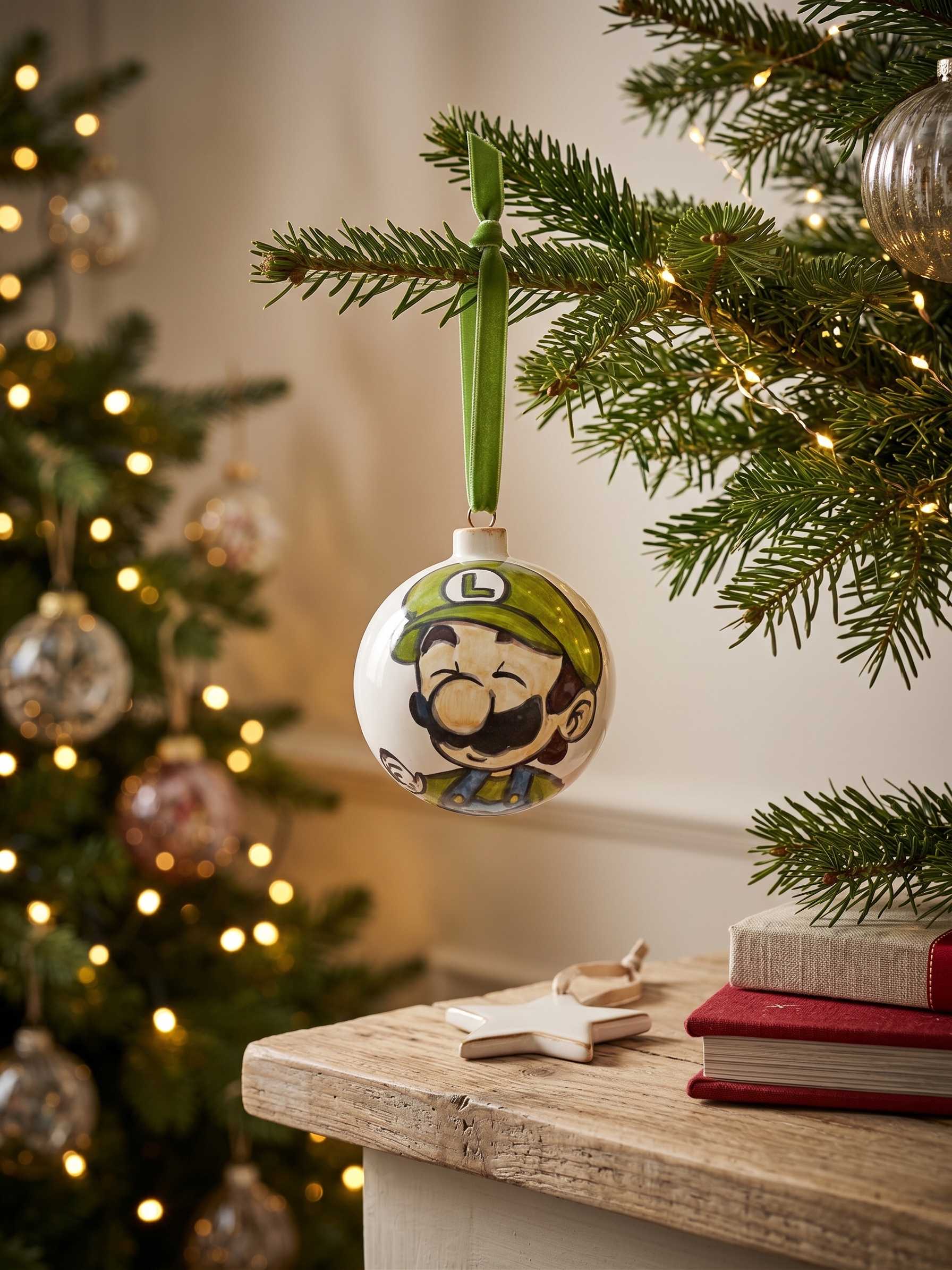 Pallina di Natale in Ceramica con Idraulico dal Cappello Verde