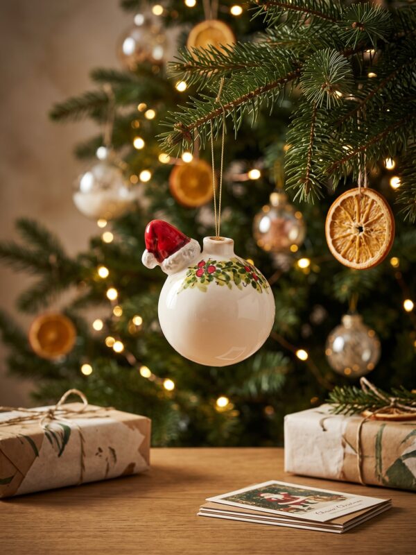 Pallina in ceramica con cappello di Babbo Natale