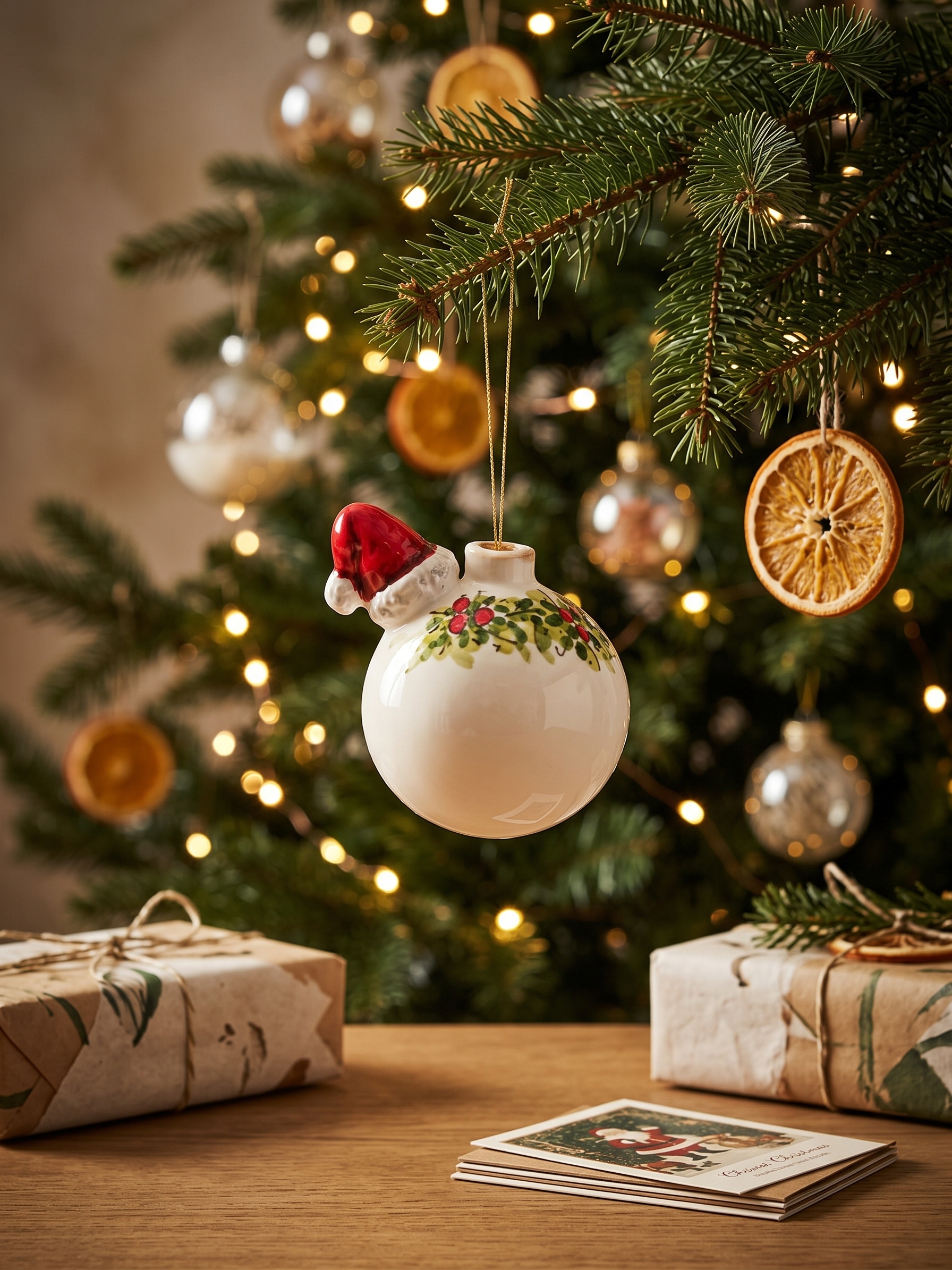 Pallina in ceramica con cappello di Babbo Natale