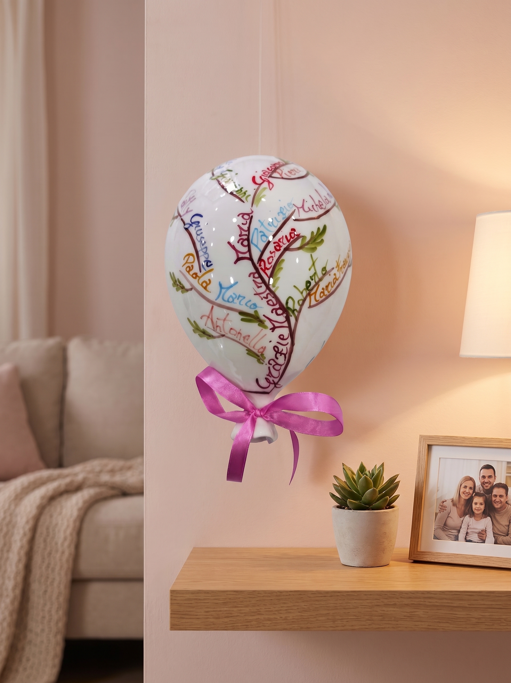 Palloncino in Ceramica con Nomi e Fiocco Rosa