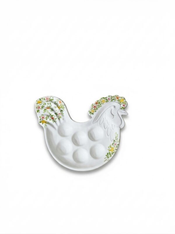 Portauova in Ceramica a Forma di Gallo con Fiori