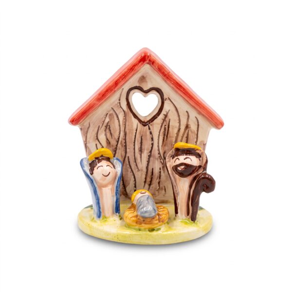 Presepe in ceramica con Sacra Famiglia e capanna