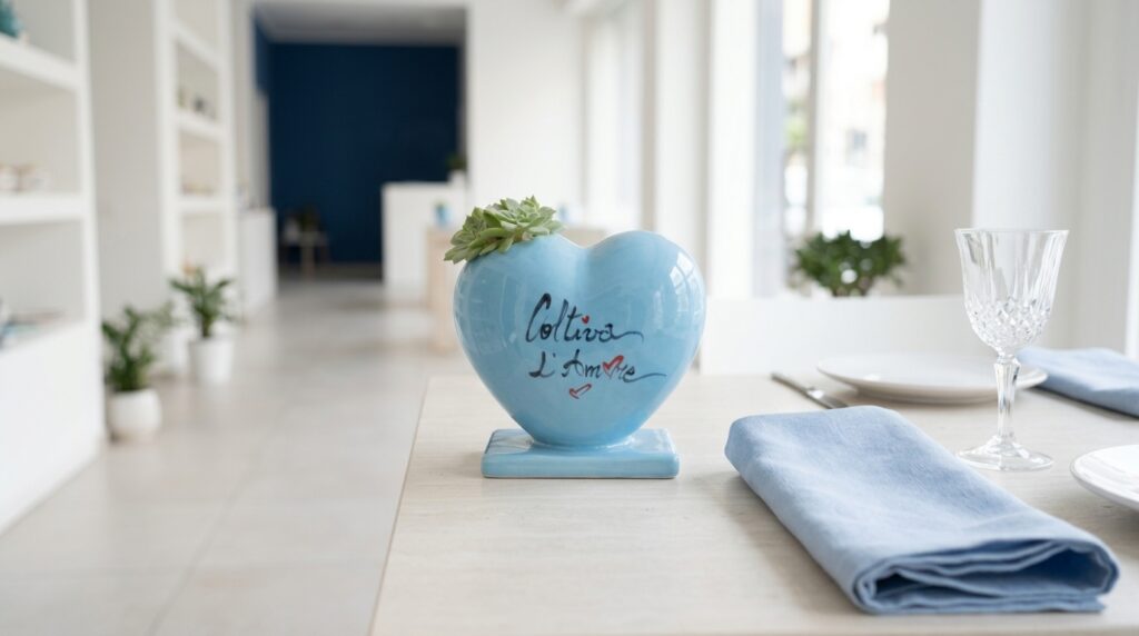 Vaso cuore in ceramica azzurra Coltiva l'Amore su una tavola apparecchiata con lino