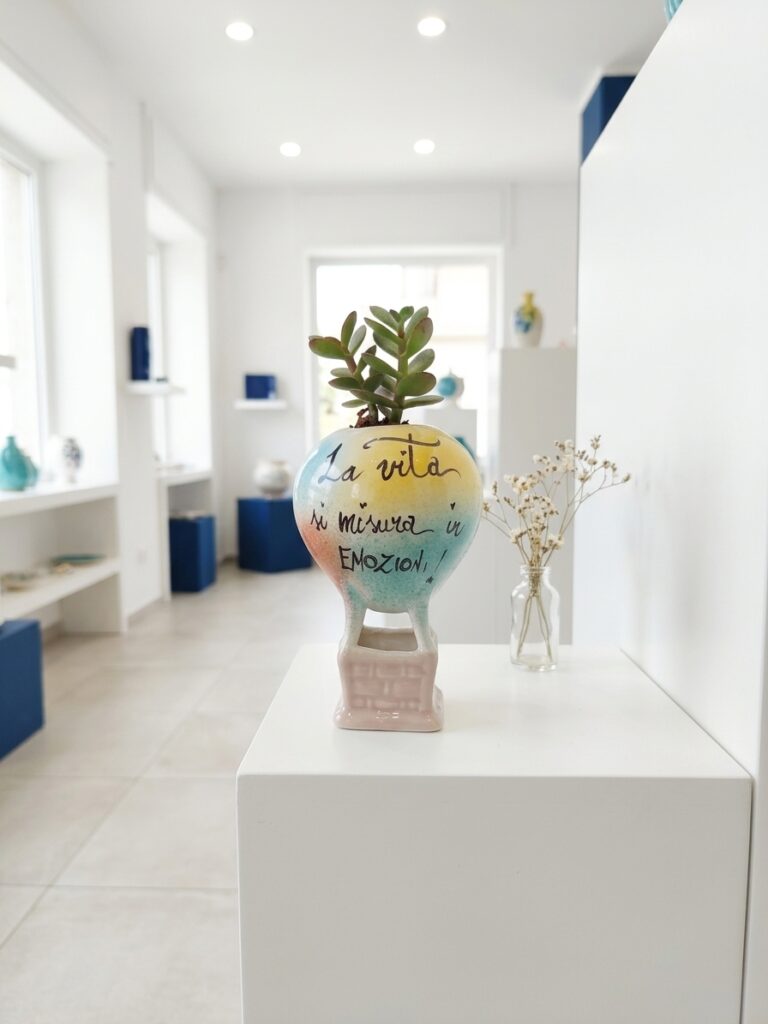 Mongolfiera in ceramica artigianale esposta su una mensola bianca dello showroom