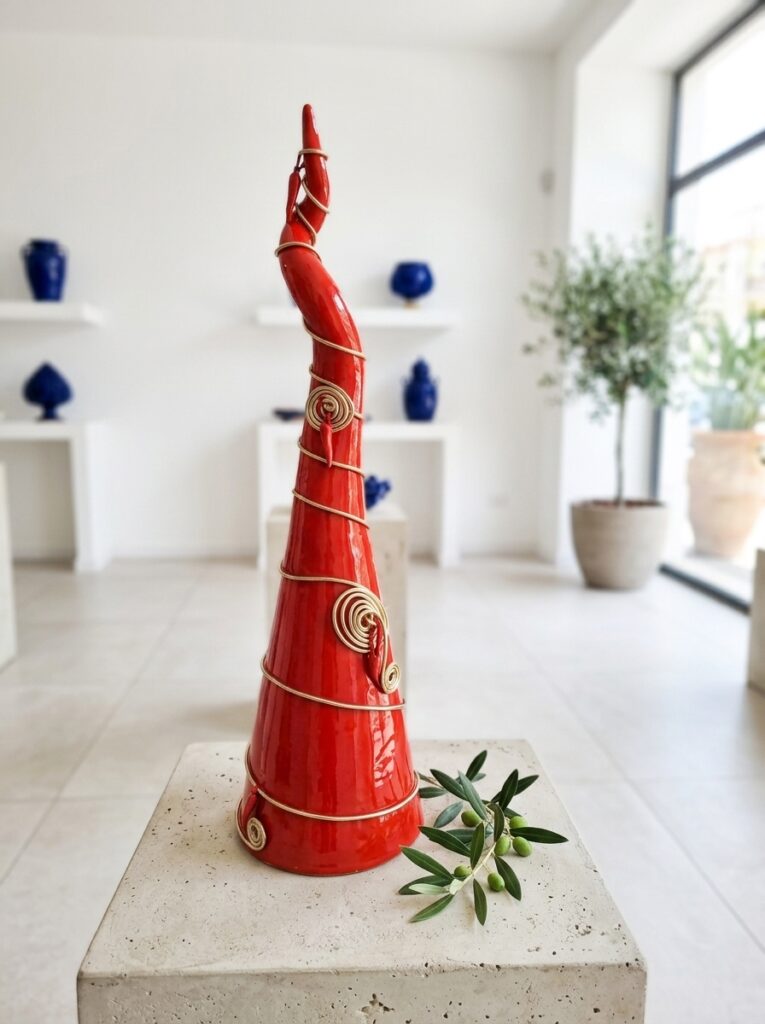 Corno vortice in rame in ceramica artigianale esposto nello showroom