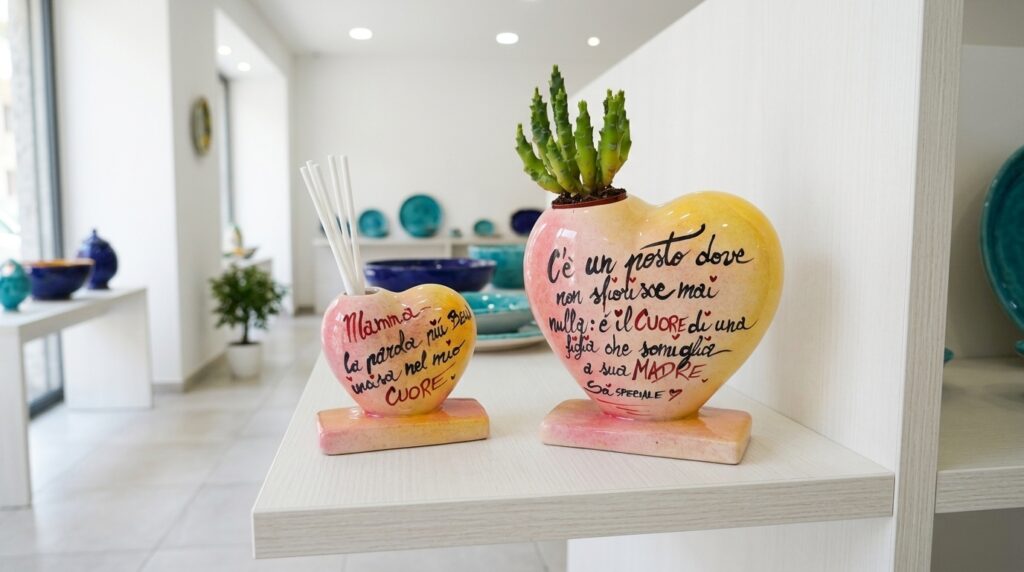 Set regalo cuore in ceramica con profumatore e vasetto esposto su una mensola bianca