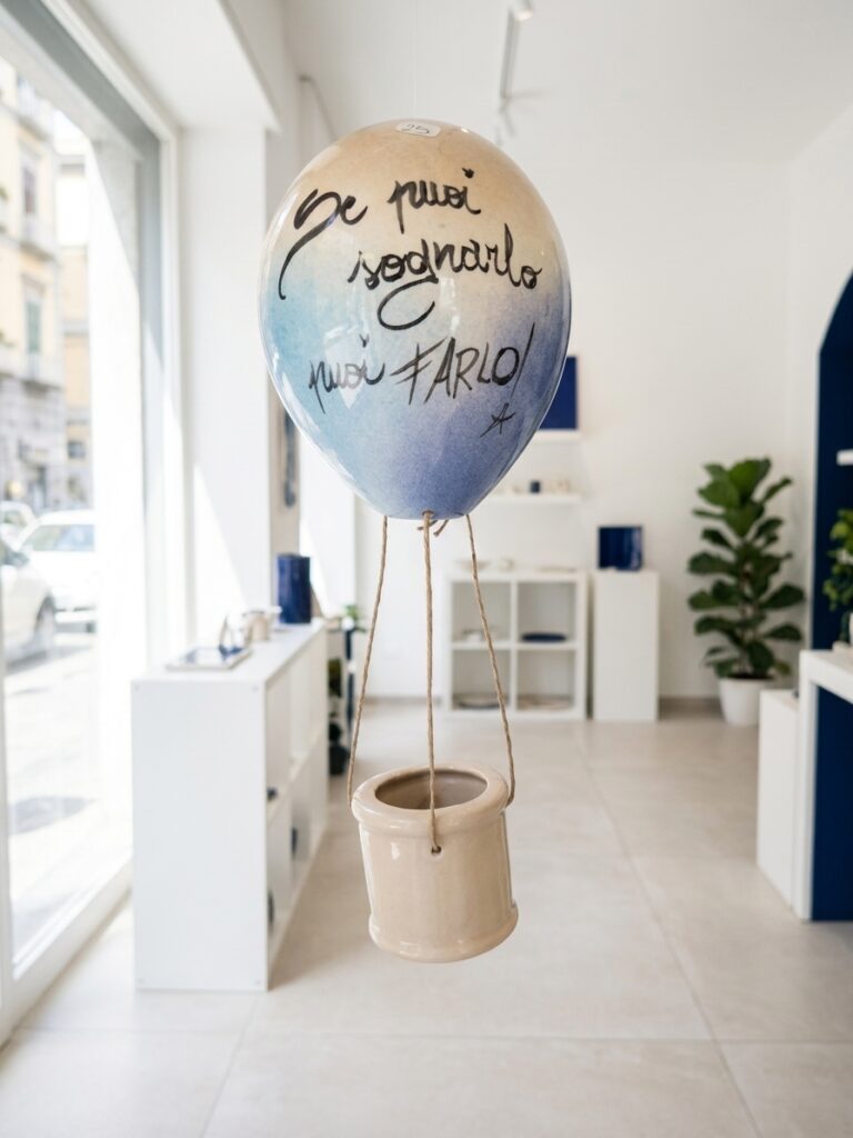 Mongolfiera in ceramica decorativa con frase motivazionale appesa vicino a una finestra