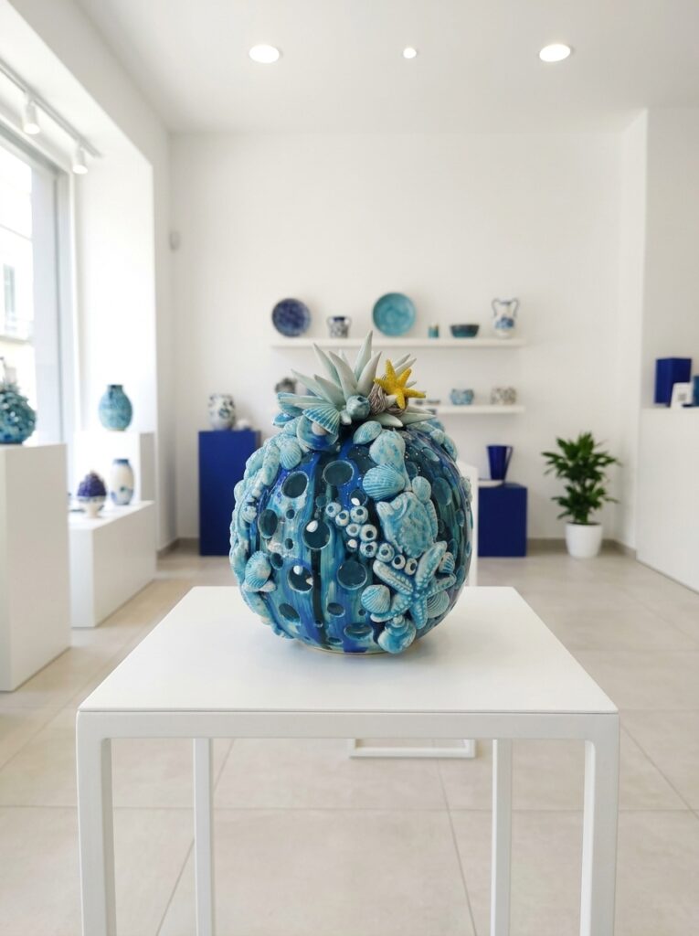 Lampada pumo marino in ceramica blu con conchiglie su tavolo da esposizione