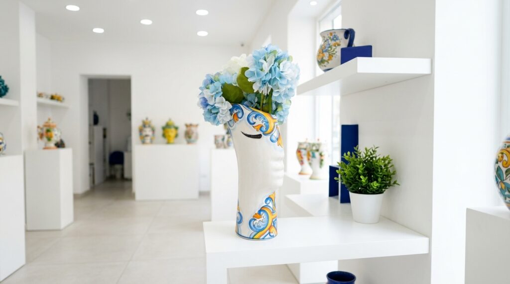 Vaso a forma di volto in ceramica dipinta a mano esposto su una mensola bianca nello showroom