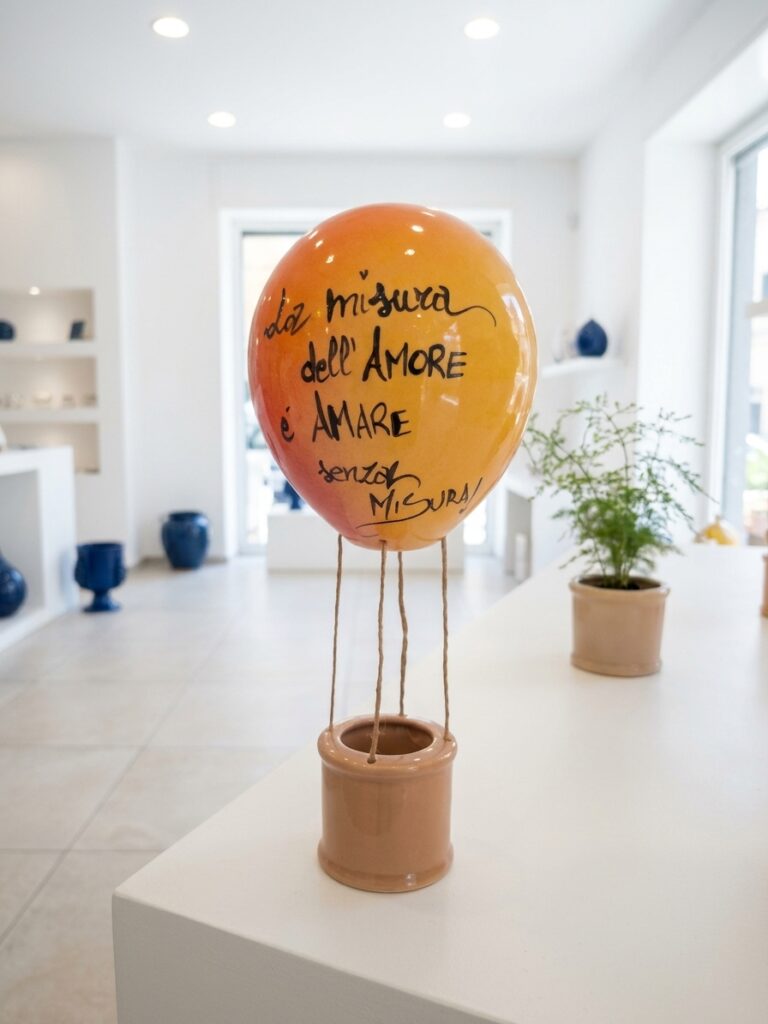 Mongolfiera in ceramica artigianale con frase d'amore esposta su un piano bianco