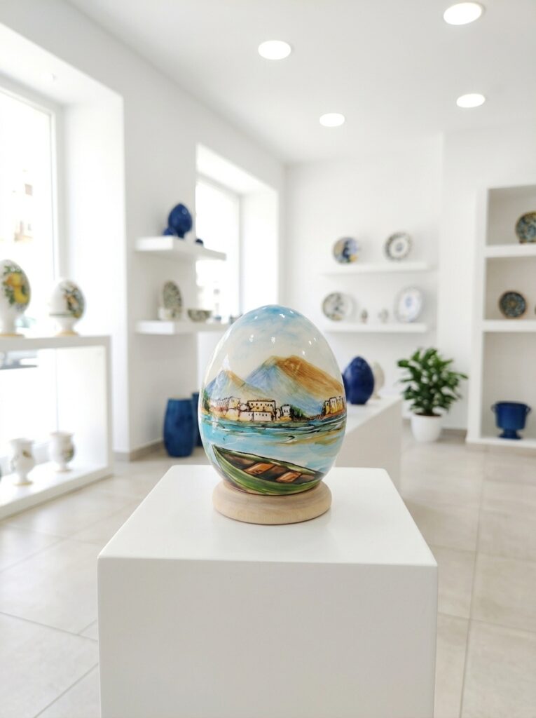 Uovo in ceramica dipinto a mano con paesaggio marino su piedistallo bianco