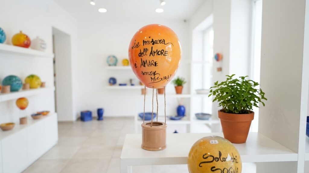 Mongolfiera in ceramica artigianale con frase d'amore esposta su mensola bianca in showroom
