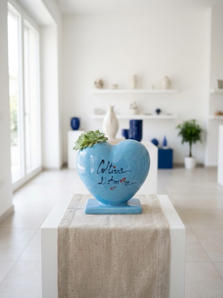 Vaso a forma di cuore in ceramica con scritta Coltiva l'Amore su bancone bianco