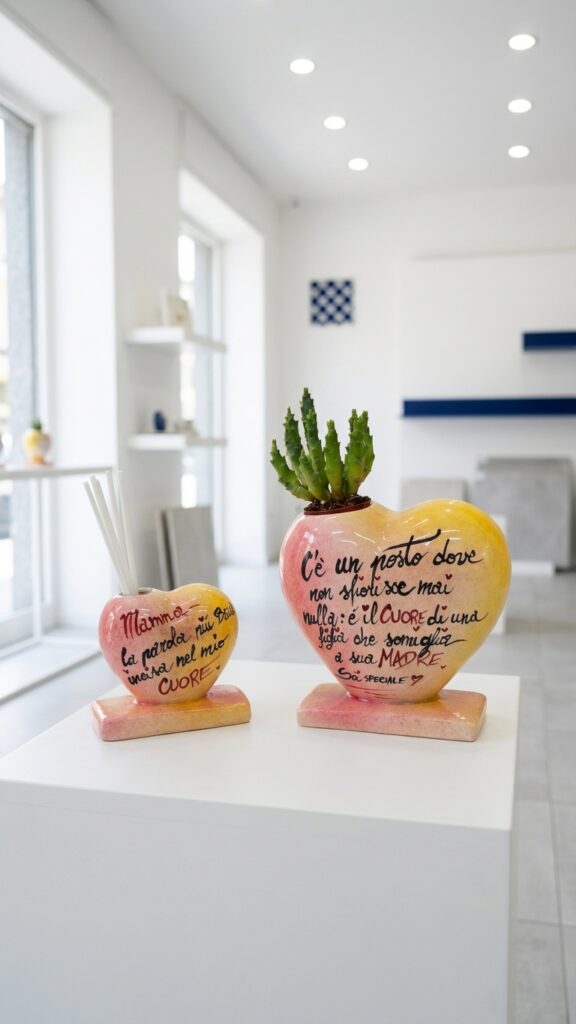 Set regalo mamma con cuore in ceramica, profumatore e vasetto esposto in showroom