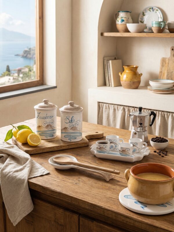 Set Cucina in Ceramica Decorata Vulcano e Mare