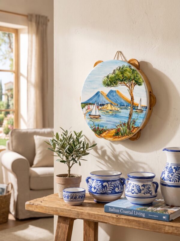 Tamburello in Ceramica Decorato con Panorama di Napoli