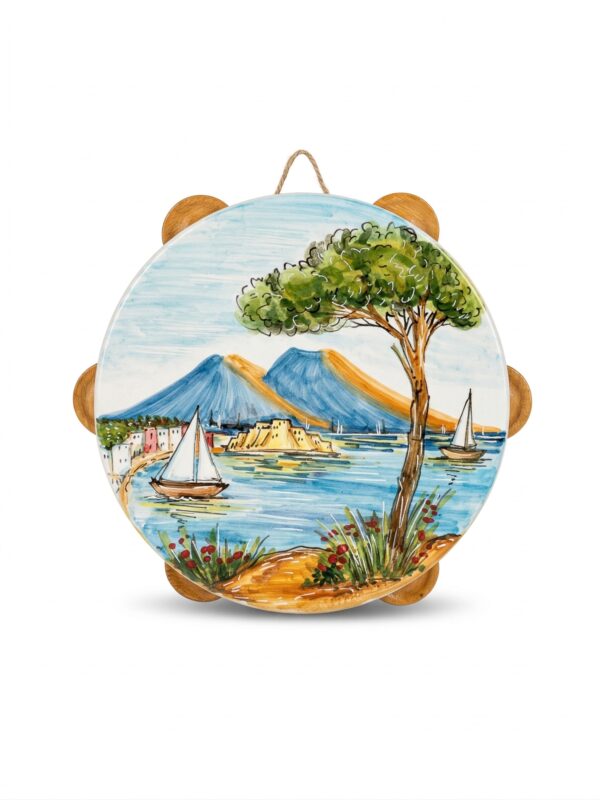 Tamburello in Ceramica Decorato con Panorama di Napoli